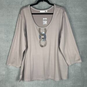 Susan Graver Top Women Extra Large Gray Liquid Knit Sequins Party Holiday Office